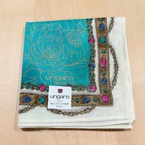 UNGARO Vintage Handkerchief Green & Gold Floral Bandana Cotton Square Scarf